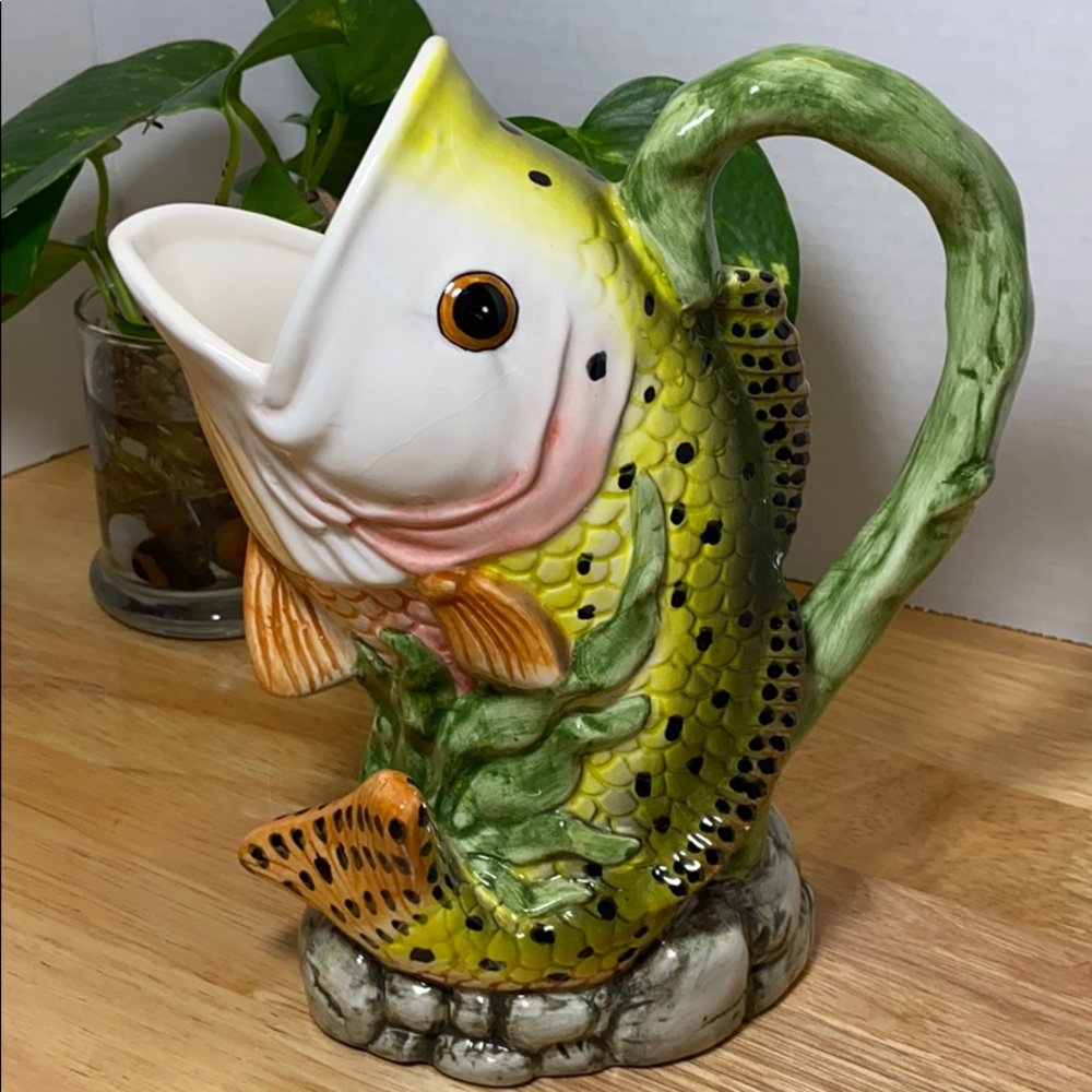 Vintage Fish Pitcher Polychrome Ceramic Chinese